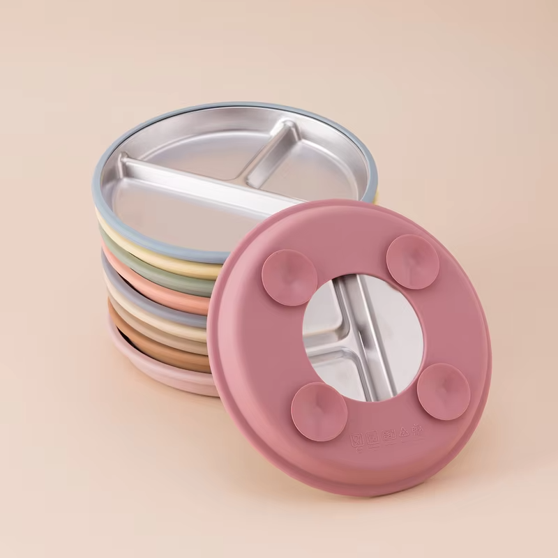 Color Kids 1PCS Stainless Steel Plate Detachable Suction Dishes Baby Feeding Sucker Bowl Food Grade Silicone Food Tray Tableware