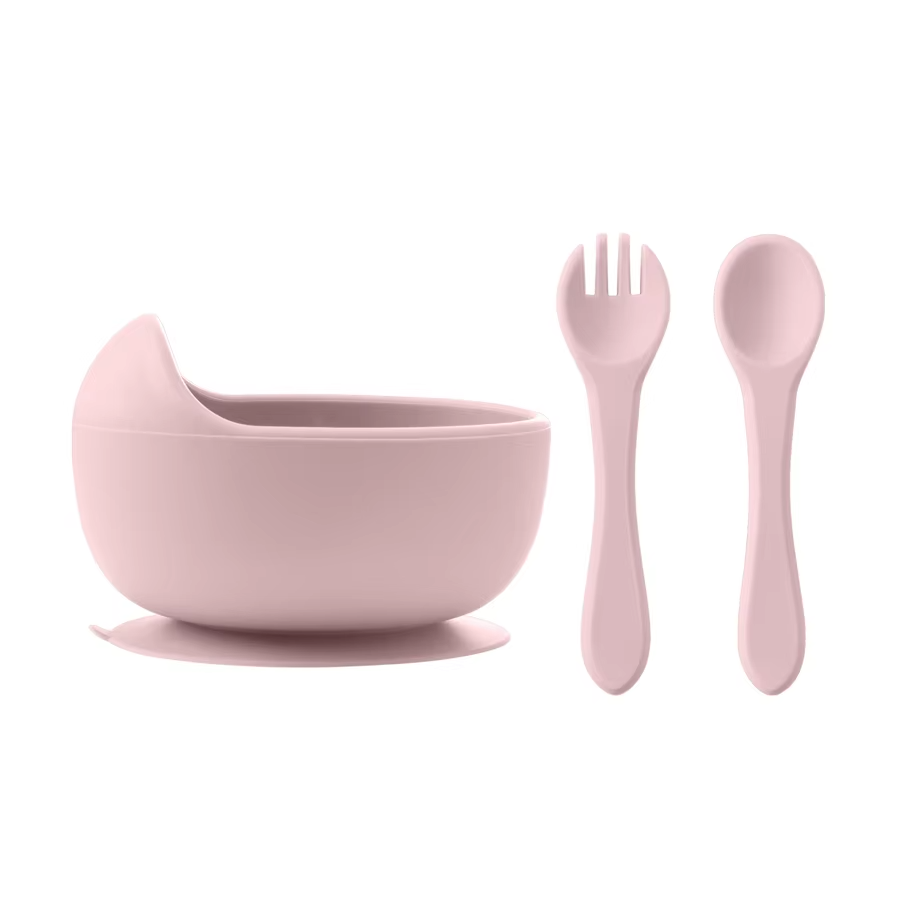 3Pcs Silicone Baby Feeding Bowl Set Baby Learning Dishes Suction Bowl Set Wood Spoon Fork Children Tableware Baby Stuff