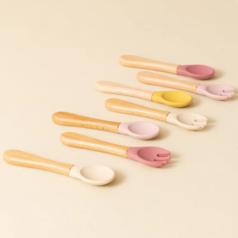 2PCS Baby Learning Spoons Utensils Set Food Grade Wooden Handle Silicone Spoon Fork Cutlery Training Spoon Feeding Tableware