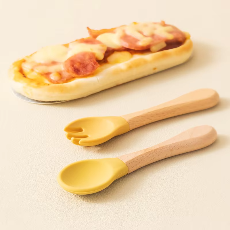 2PCS Baby Learning Spoons Utensils Set Food Grade Wooden Handle Silicone Spoon Fork Cutlery Training Spoon Feeding Tableware