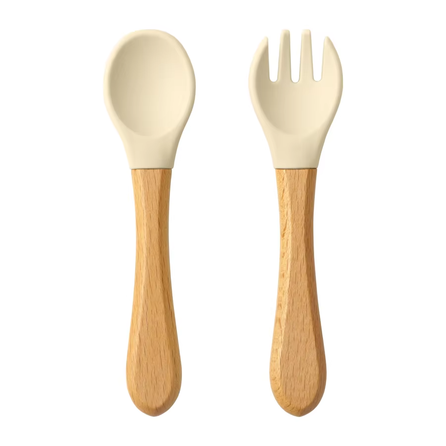 2PCS Baby Learning Spoons Utensils Set Food Grade Wooden Handle Silicone Spoon Fork Cutlery Training Spoon Feeding Tableware